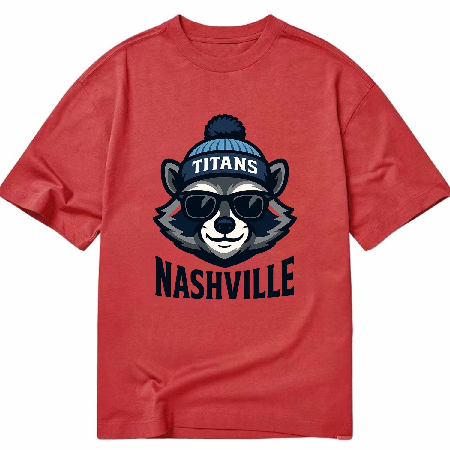 Nashville Raccoon wearing Titans navy and light blue beanie with pom pom and - Classic T-shirt - Red