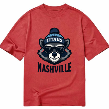 Nashville Raccoon wearing Titans navy and light blue beanie with pom pom and - Classic T-shirt - Red