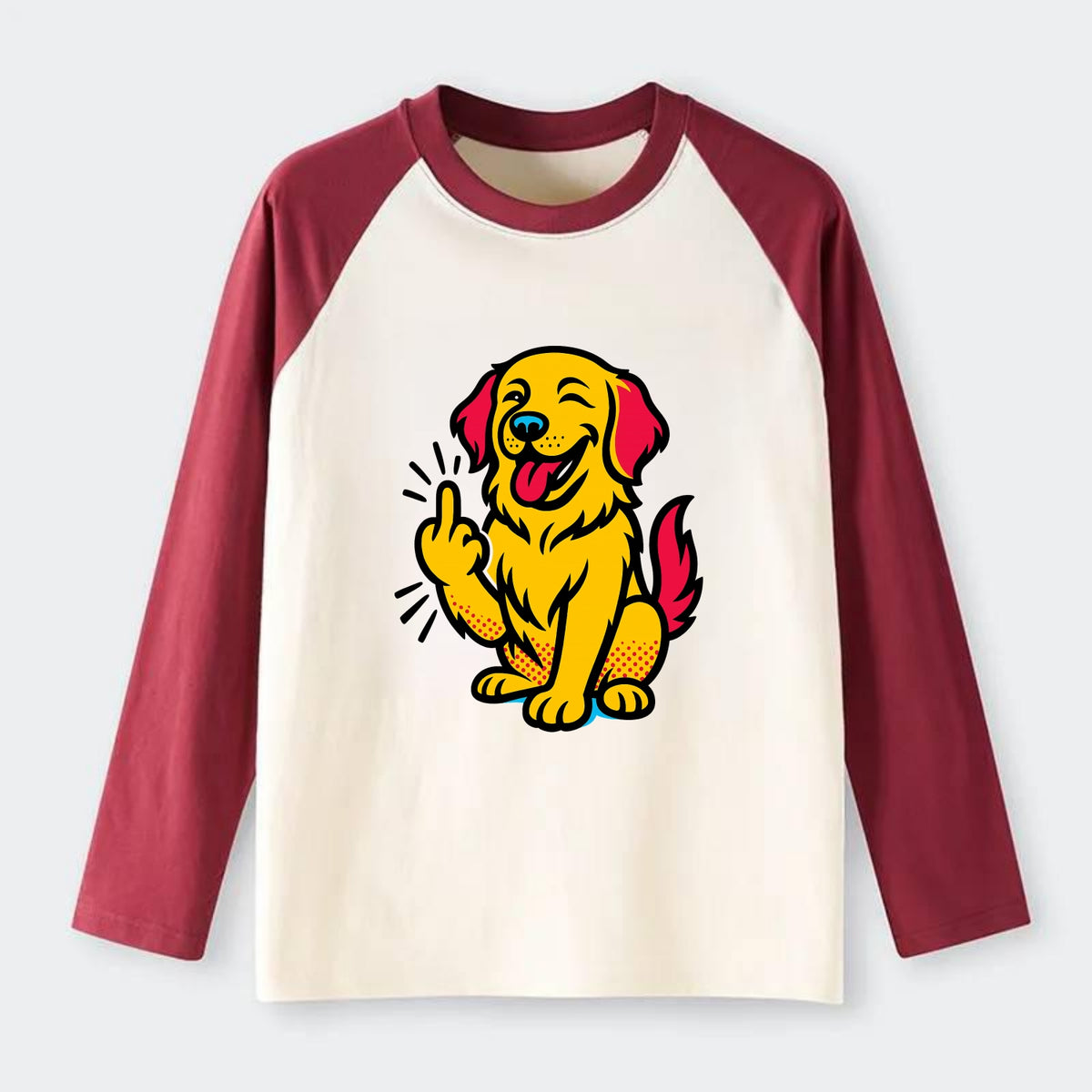 Golden Retriever with happy smile and golden coat, fluffy paw raised - Raglan Long Sleeve T-Shirt - Red