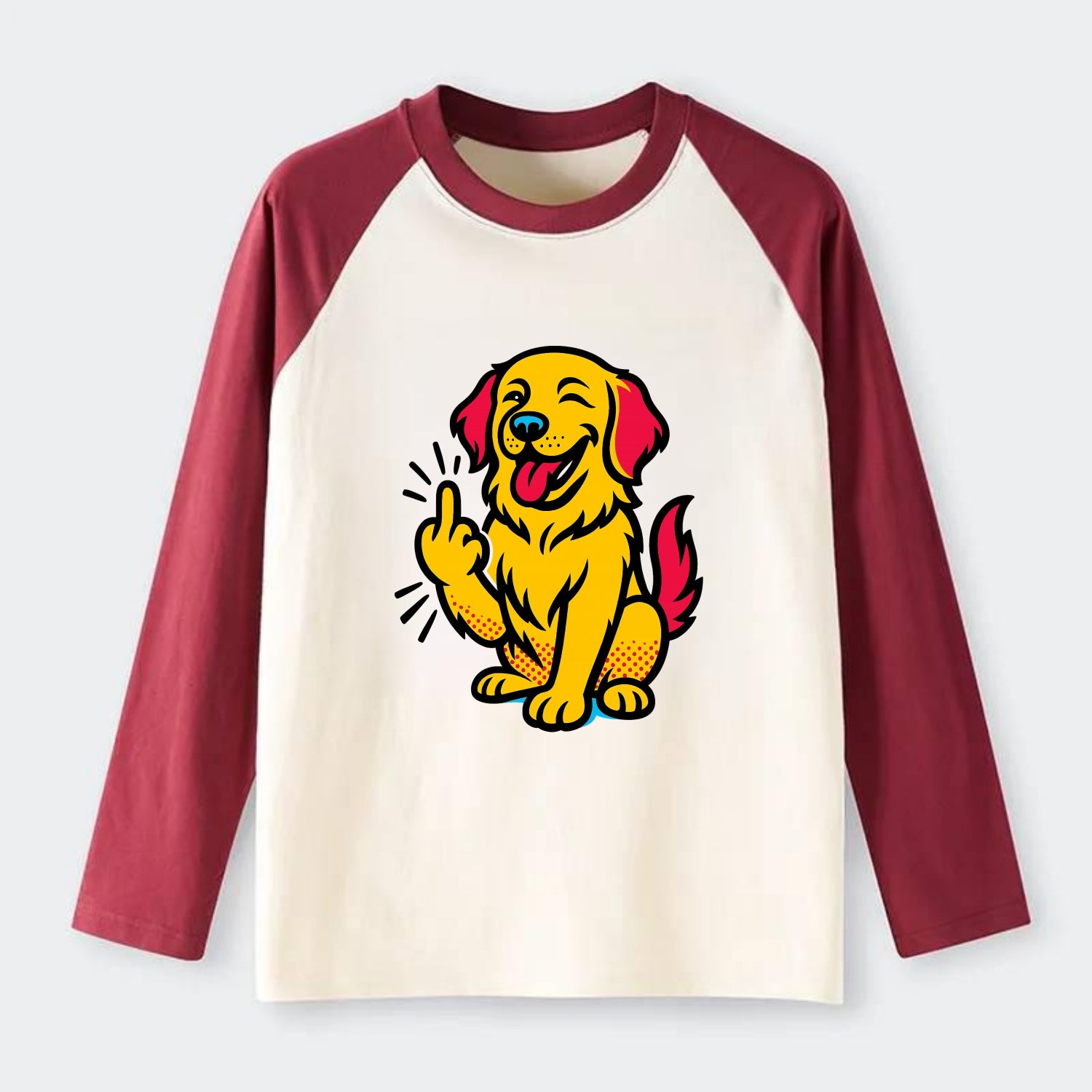 Golden Retriever with happy smile and golden coat, fluffy paw raised - Raglan Long Sleeve T-Shirt - Red
