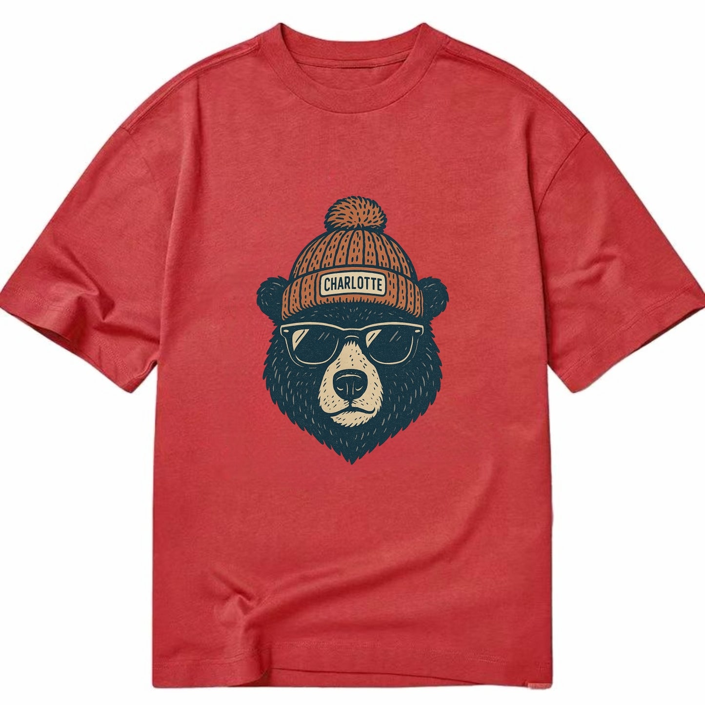 North Carolina Black Bear wearing Charlotte beanie with pom pom and wayfarer - Classic T-shirt - Red