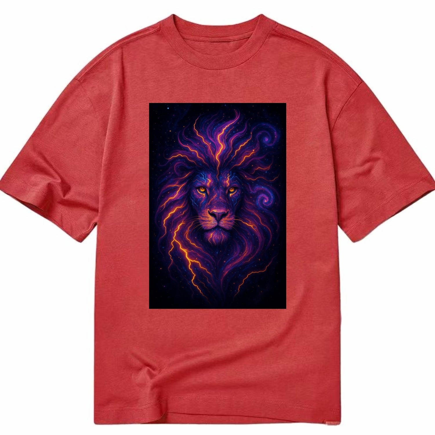 Regal lion with mane made of electric currents, neon yellow and hot pink energy - Classic T-shirt - Red