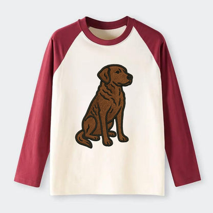 Chesapeake Bay Retriever - Brown wavy coat embroidered sitting pose - Raglan Long Sleeve T-Shirt - Red