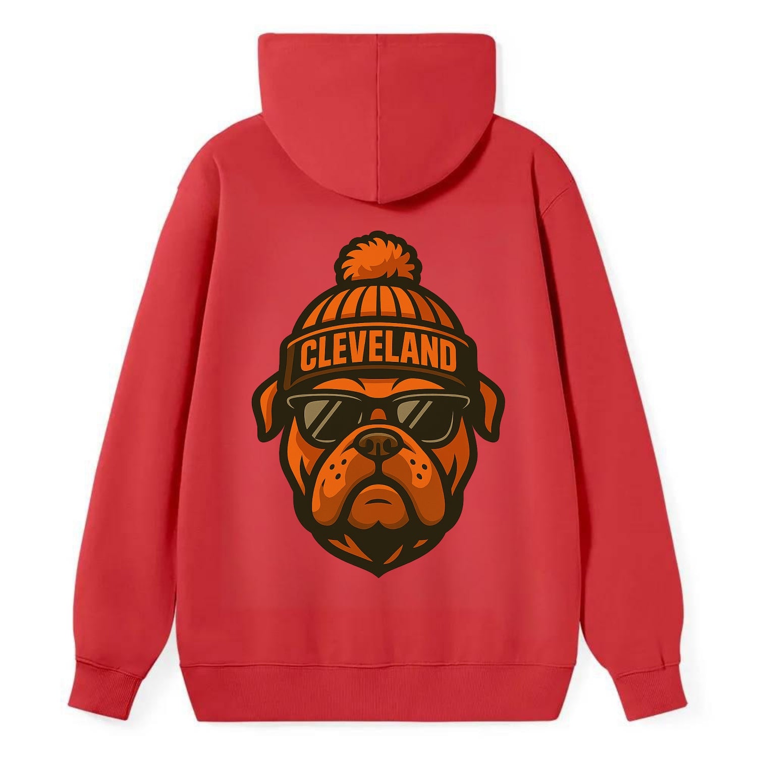 Cleveland Bulldog wearing Browns orange and brown beanie with pom pom and - Classic Pullover Hoodie - Red