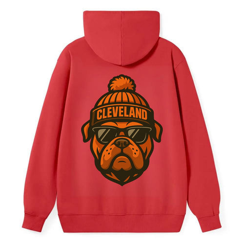 Cleveland Bulldog wearing Browns orange and brown beanie with pom pom and - Classic Pullover Hoodie