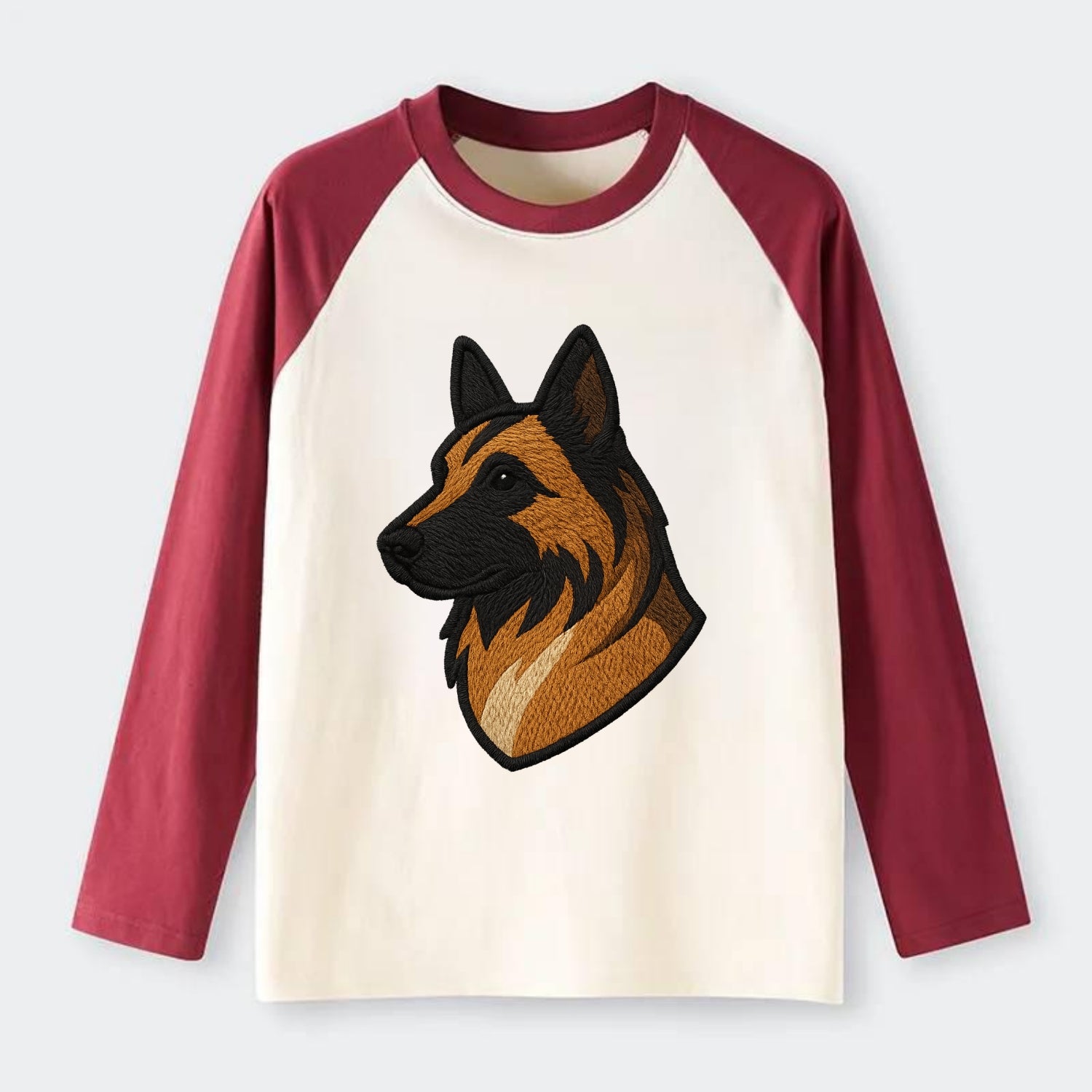 Belgian Tervuren - Fawn with black overlay embroidered design - Raglan Long Sleeve T-Shirt - Red