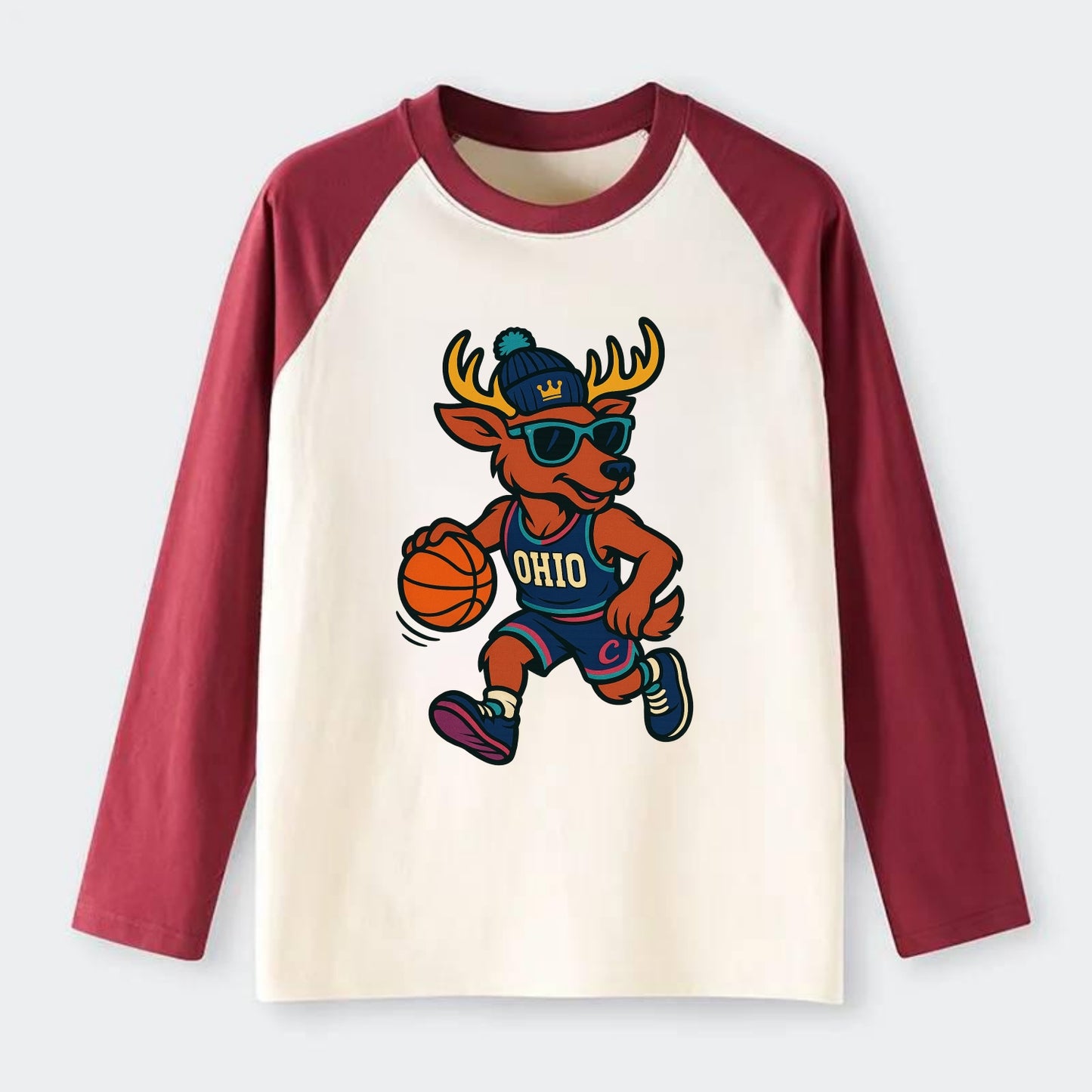 Ohio Deer wearing Cavs beanie with crown patch and wayfarer sunglasses - Raglan Long Sleeve T-Shirt - Red