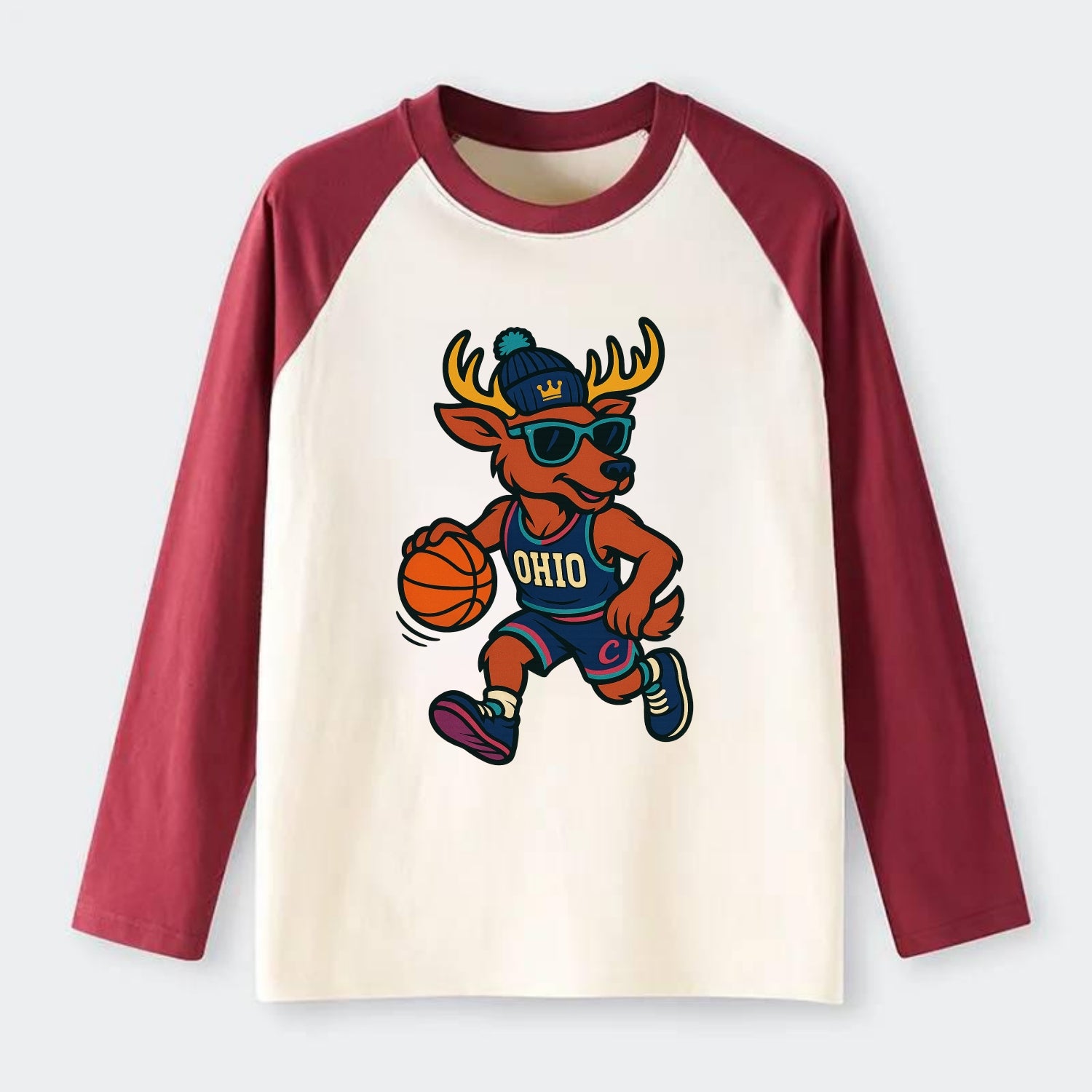 Ohio Deer wearing Cavs beanie with crown patch and wayfarer sunglasses - Raglan Long Sleeve T-Shirt - Red