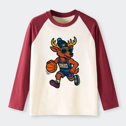 Ohio Deer wearing Cavs beanie with crown patch and wayfarer sunglasses - Raglan Long Sleeve T-Shirt - Red