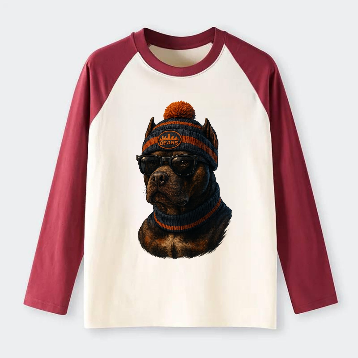 Chicago Pitbull wearing Bears beanie with skyline patch and wayfarer - Raglan Long Sleeve T-Shirt - Red
