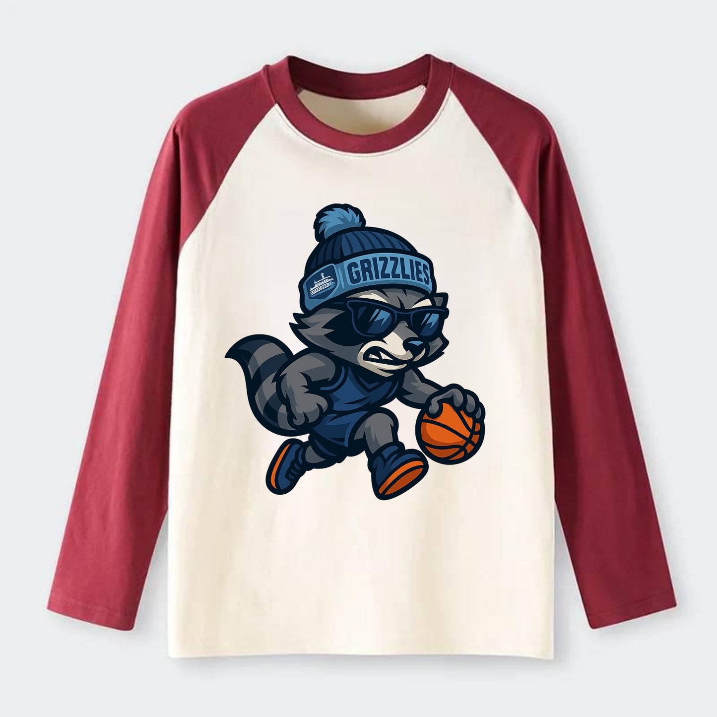 Memphis Raccoon wearing Grizzlies beanie with riverboat patch and - Raglan Long Sleeve T-Shirt - Red