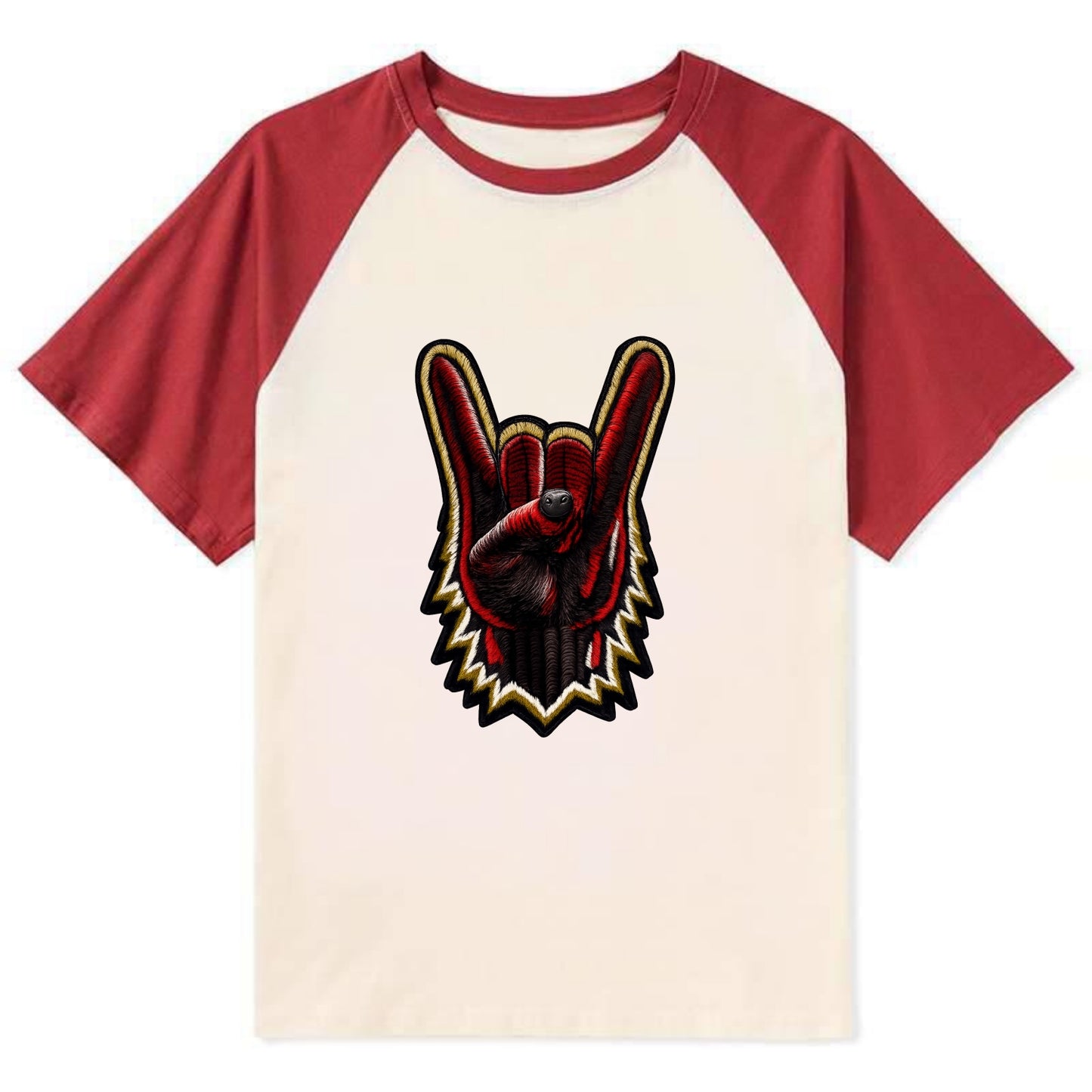 ROCK HAND HORNS - devil horns hand gesture in black and red , metal music - Contrast Raglan T-shirt - Red