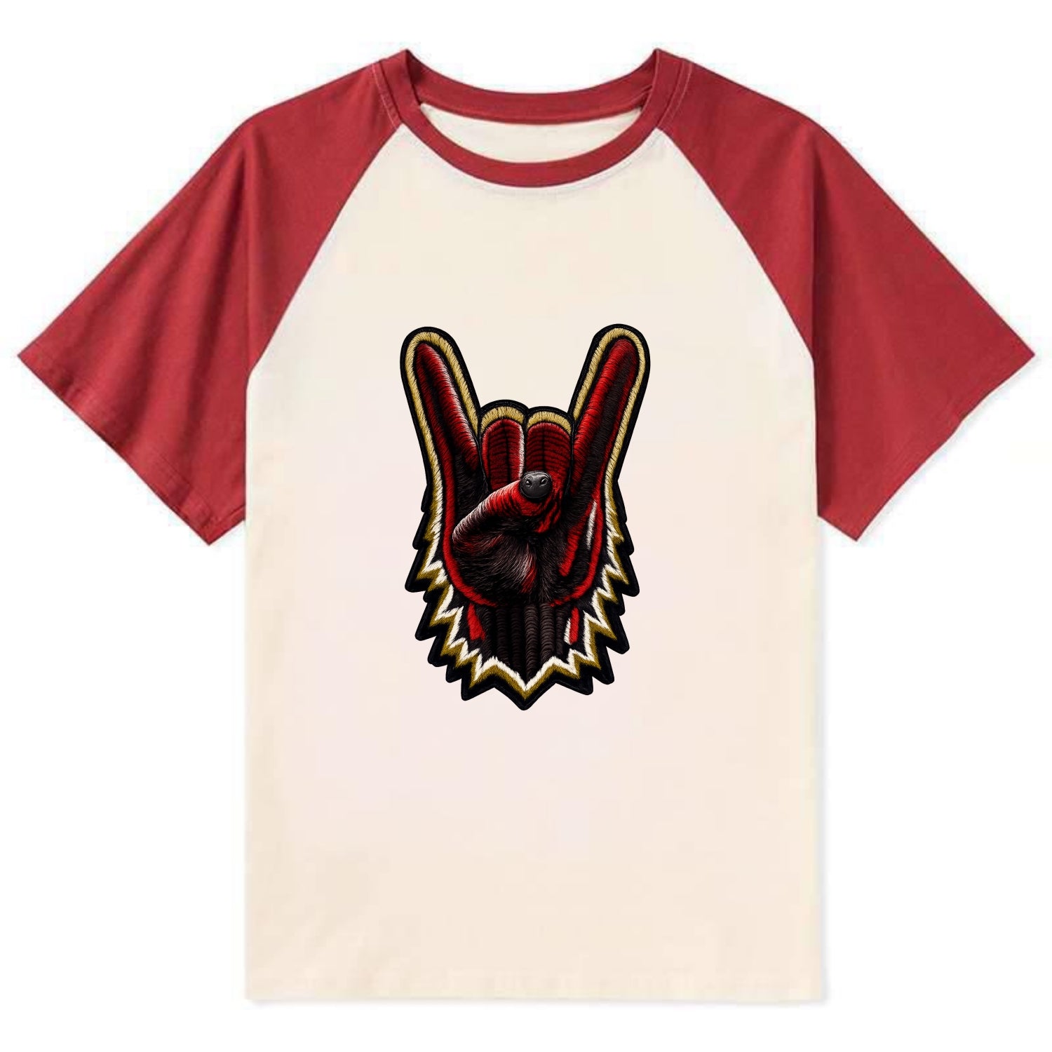 ROCK HAND HORNS - devil horns hand gesture in black and red , metal music - Contrast Raglan T-shirt - Red