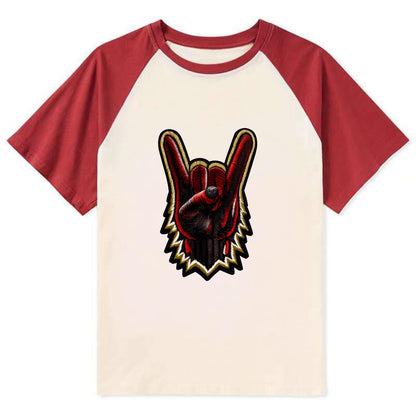 ROCK HAND HORNS - devil horns hand gesture in black and red , metal music - Contrast Raglan T-shirt - Red