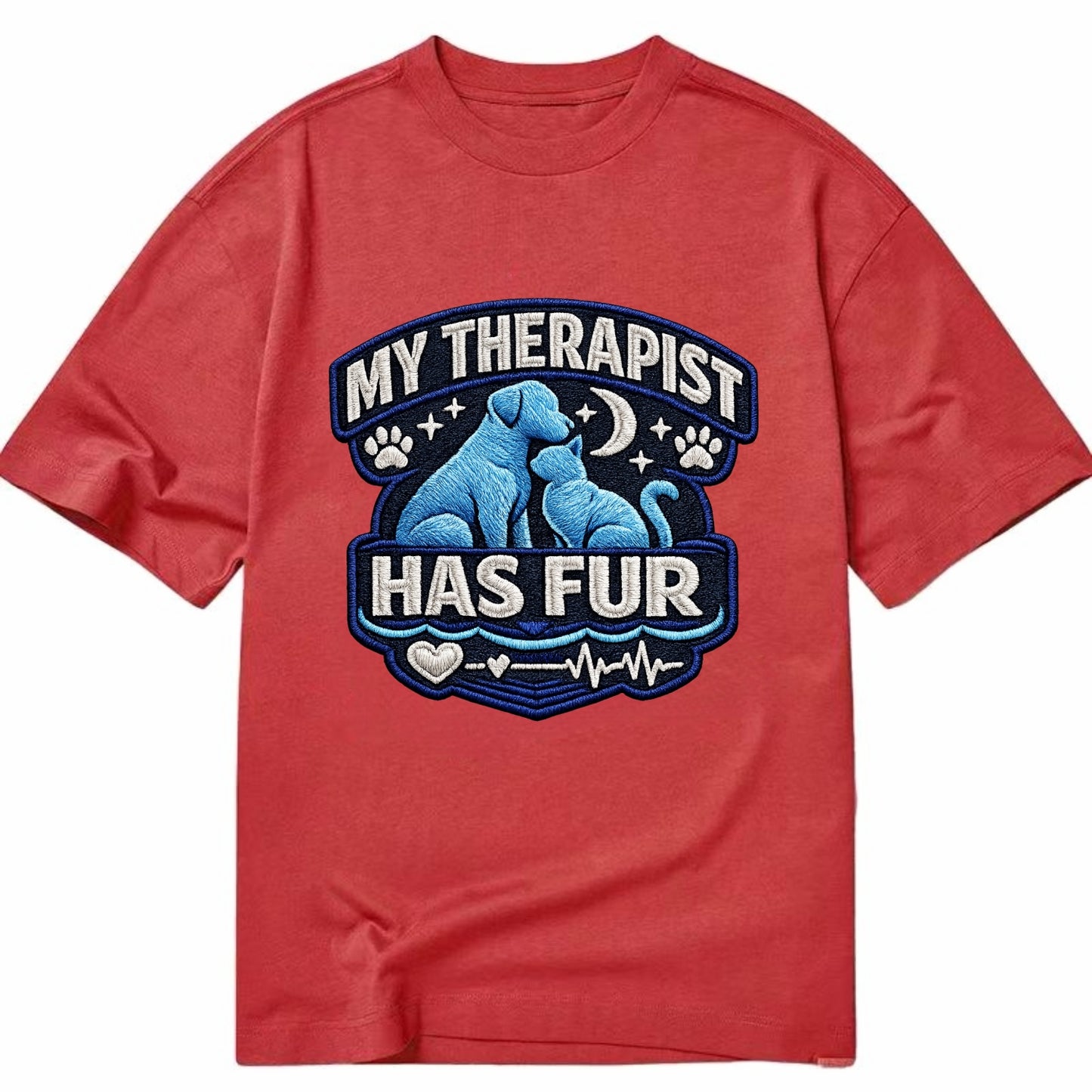 MY THERAPIST HAS FUR - pet silhouette in calming blue , emotional support - Classic T-shirt - Red