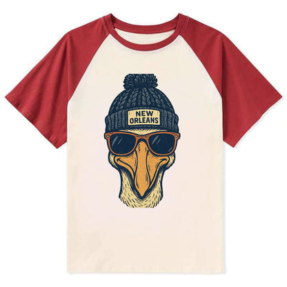New Orleans Pelican wearing New Orleans beanie with pom pom and wayfarer - Contrast Raglan T-shirt - Red