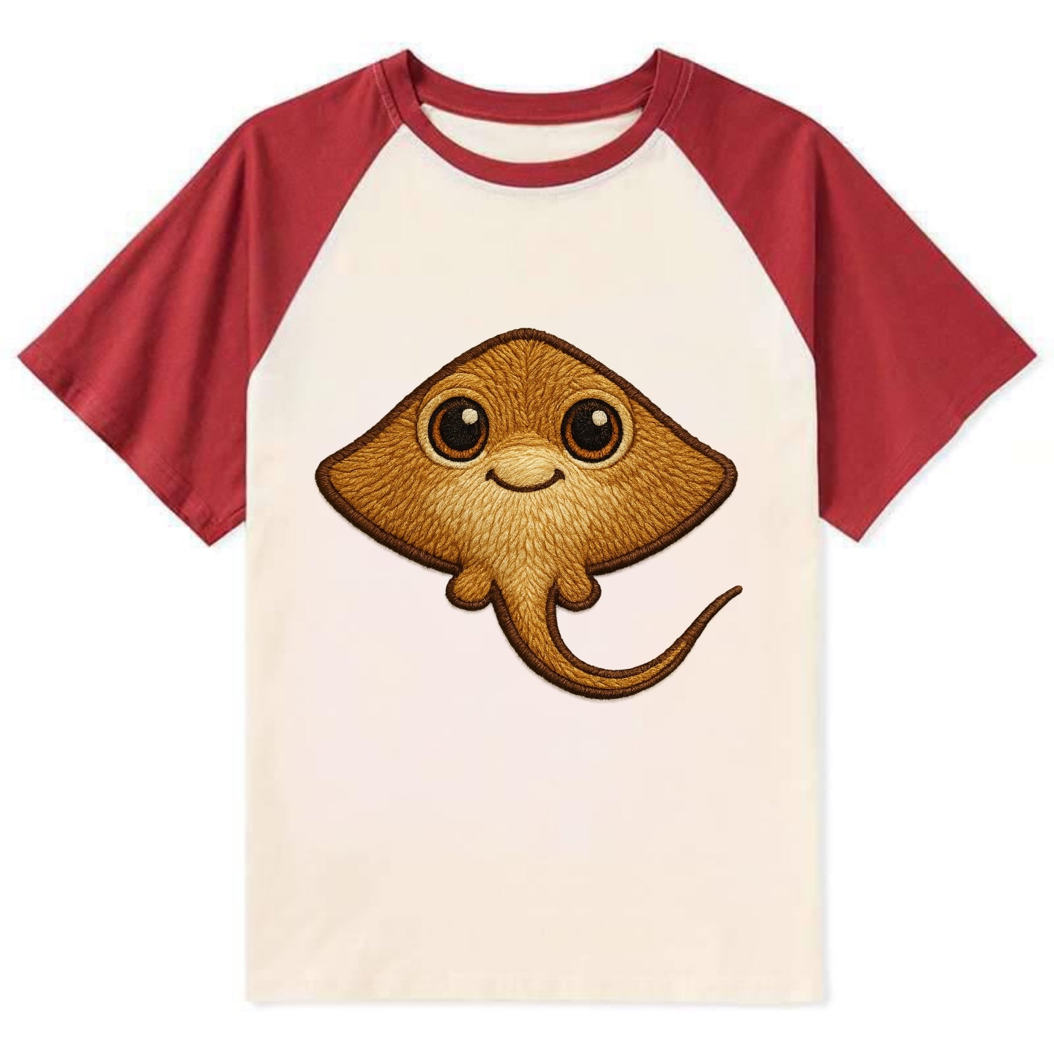Baby Stingray - flat body, long tail, eyes on top, front-facing, friendly - Contrast Raglan T-shirt - Red