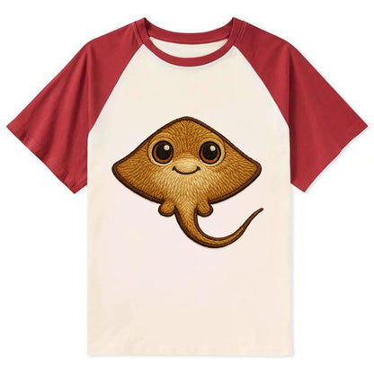 Baby Stingray - flat body, long tail, eyes on top, front-facing, friendly - Contrast Raglan T-shirt - Red