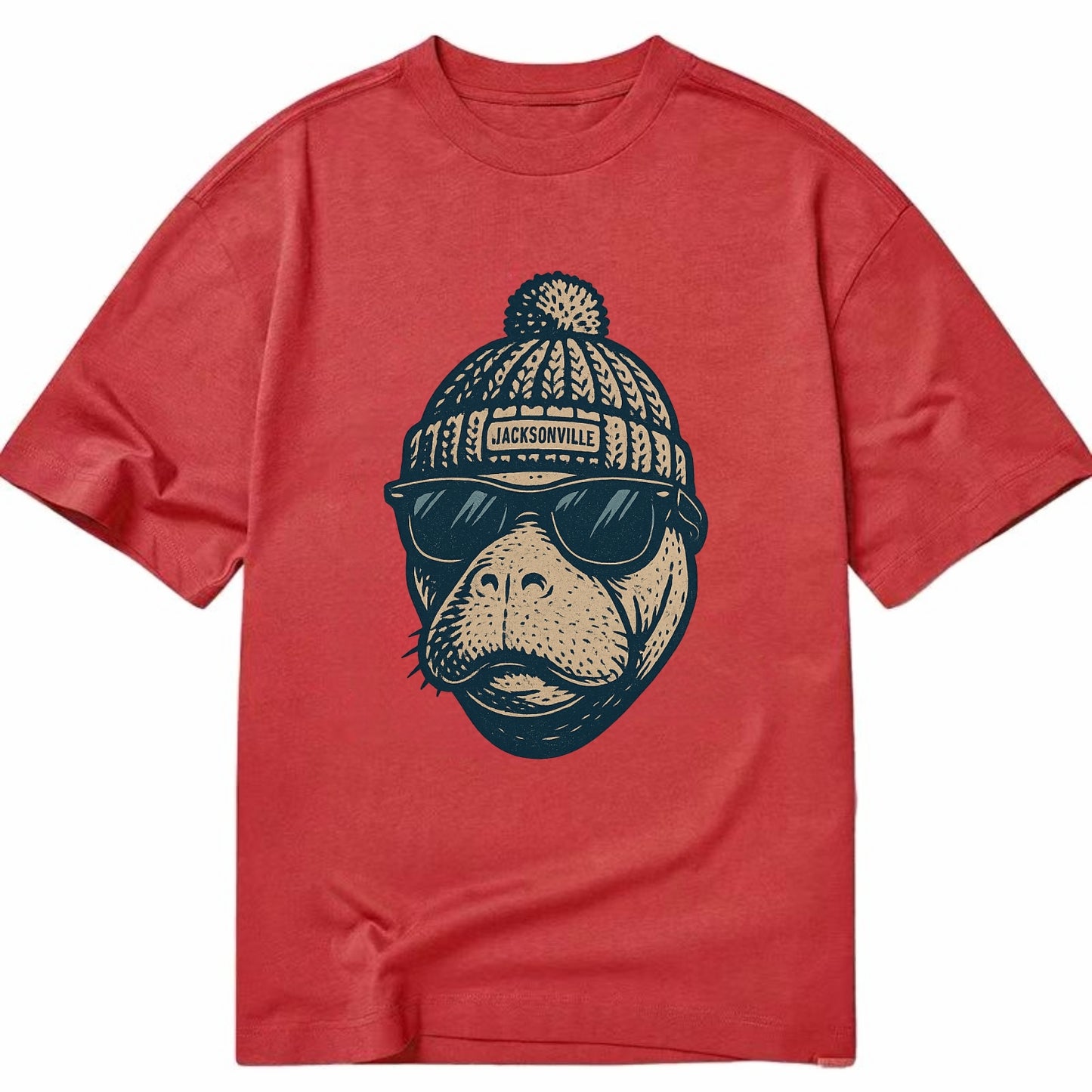 Jacksonville Manatee wearing Jacksonville beanie with pom pom and wayfarer - Classic T-shirt - Red