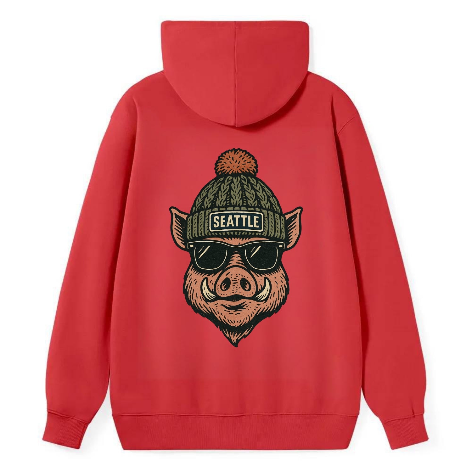 Washington Hog wearing Seattle beanie with pom pom and wayfarer sunglasses - Classic Pullover Hoodie - Red