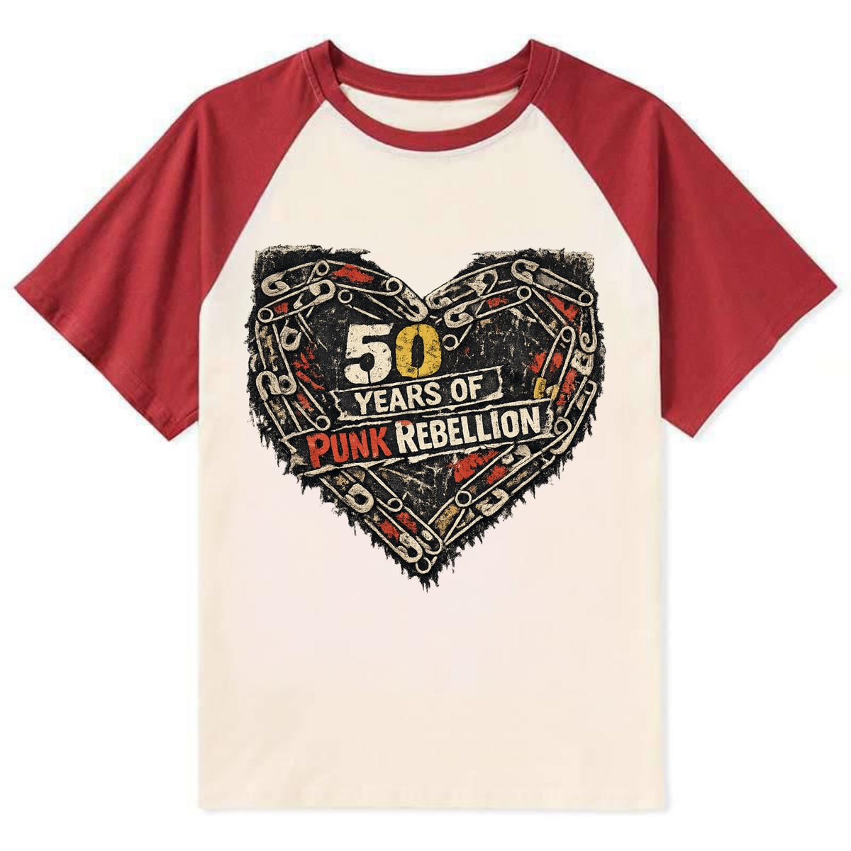 SAFETY PIN LOVE | Heart made of safety pins | Punk romance | DIY jewelry - Contrast Raglan T-shirt - Red