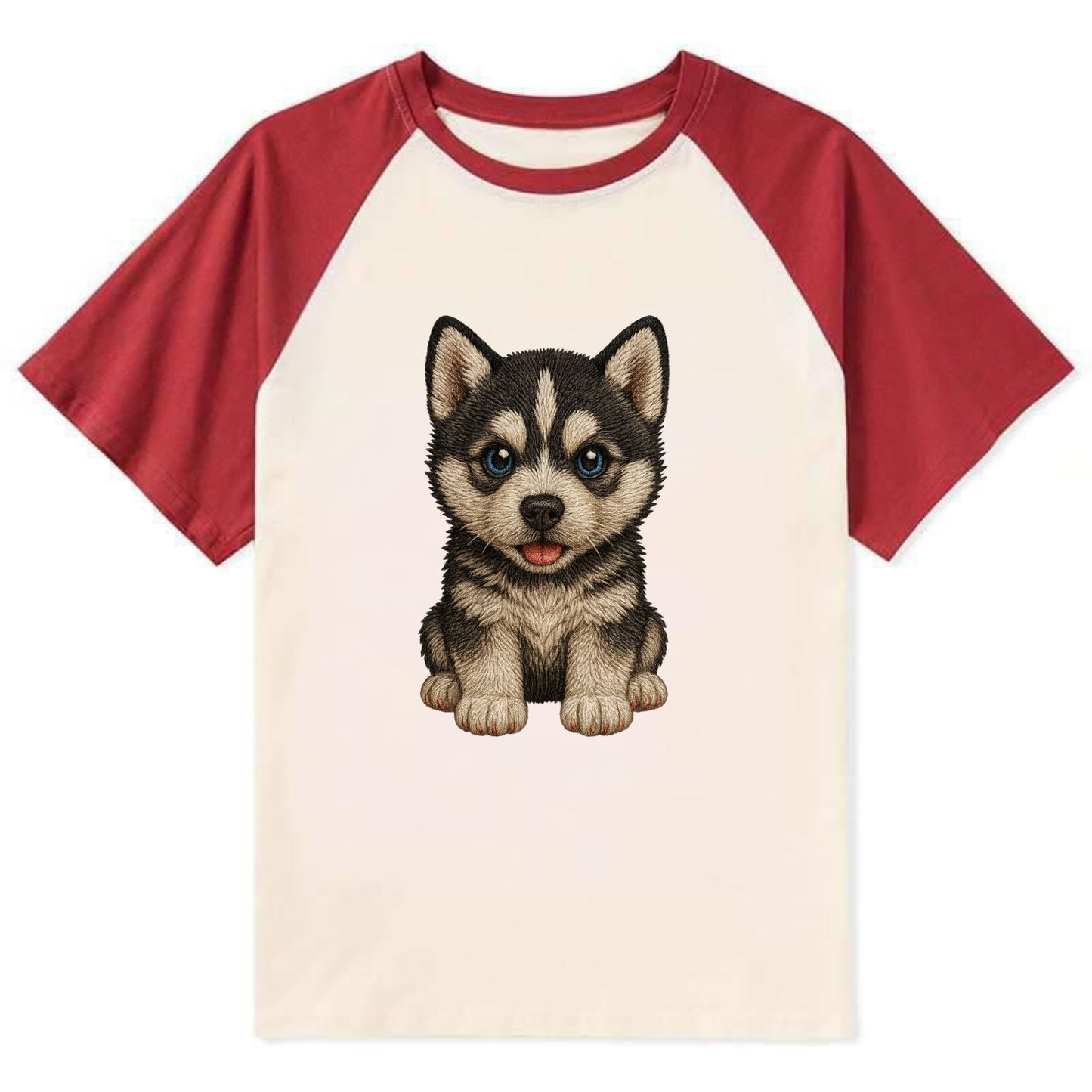 Baby Siberian Husky Puppy - blue or bi-colored eyes, fluffy coat, - Contrast Raglan T-shirt - Red