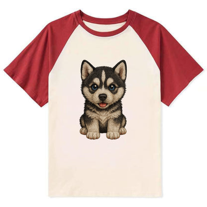 Baby Siberian Husky Puppy - blue or bi-colored eyes, fluffy coat, - Contrast Raglan T-shirt - Red