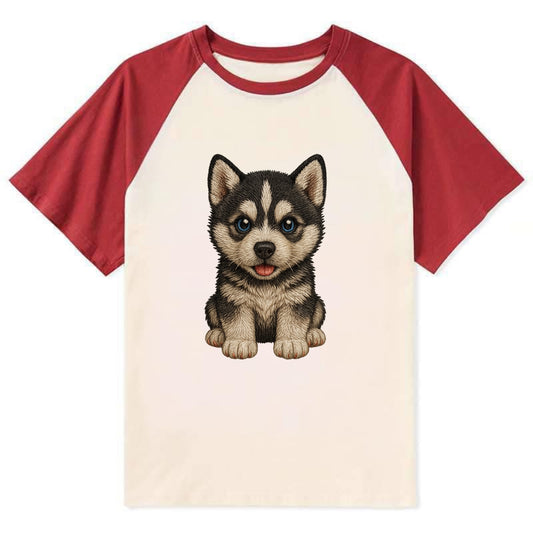 Baby Siberian Husky Puppy - blue or bi-colored eyes, fluffy coat, - Contrast Raglan T-shirt - Red