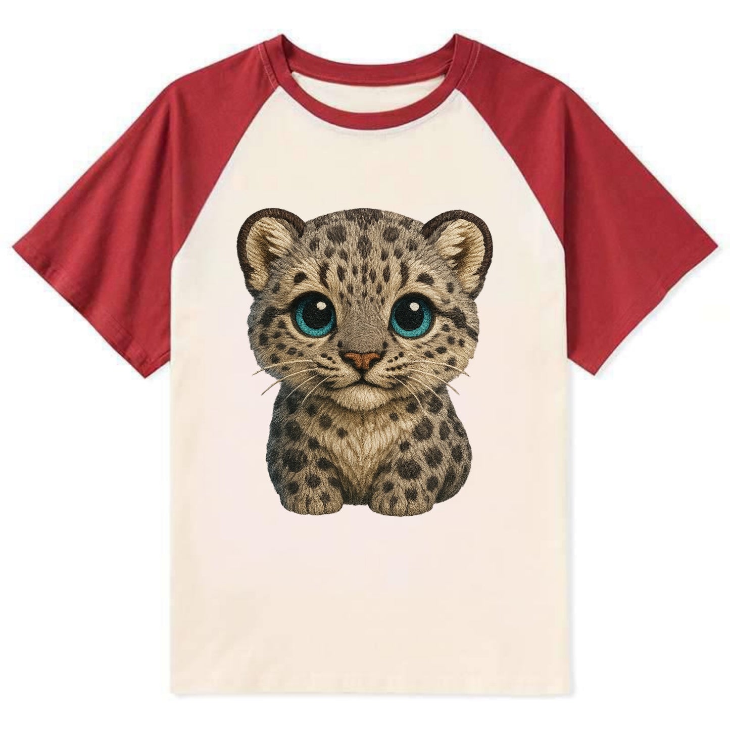 Baby Snow Leopard Cub - gray spotted, thick fur, blue-green eyes, - Contrast Raglan T-shirt - Red