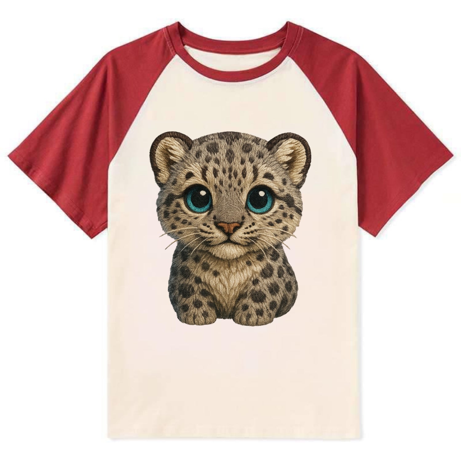 Baby Snow Leopard Cub - gray spotted, thick fur, blue-green eyes, - Contrast Raglan T-shirt - Red