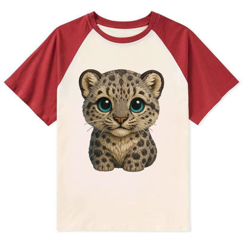Baby Snow Leopard Cub - gray spotted, thick fur, blue-green eyes, - Contrast Raglan T-shirt