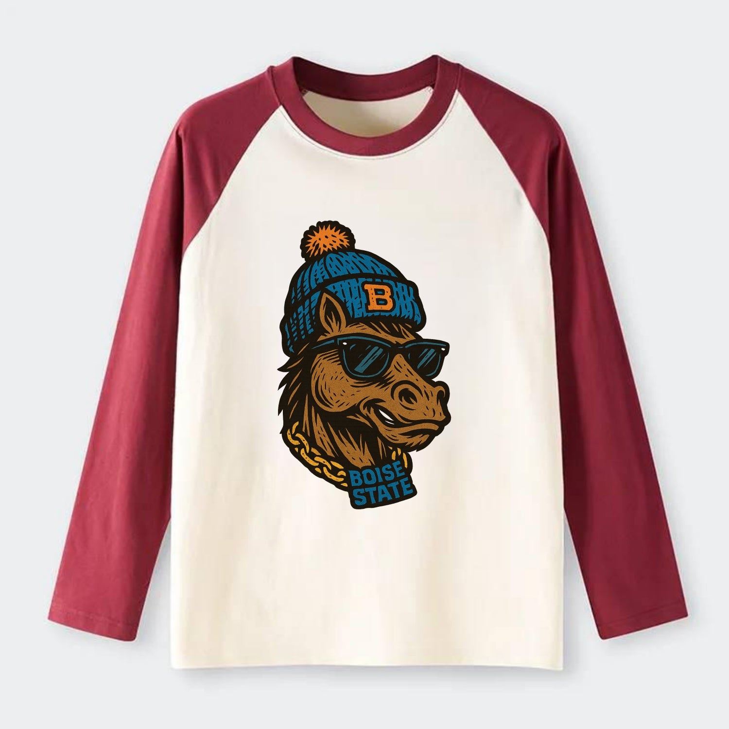 Boise Bronco wearing Boise State beanie with B patch - Raglan Long Sleeve T-Shirt - Red