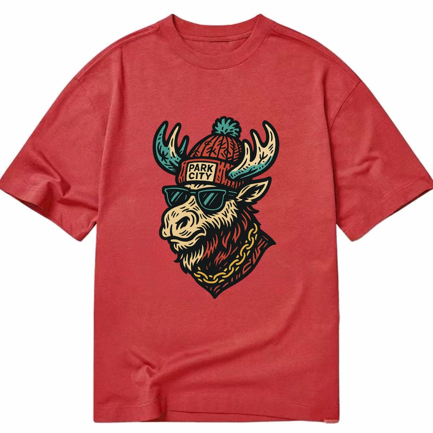 Park City Moose wearing Park City beanie with pom pom and wayfarer sunglasses - Classic T-shirt - Red