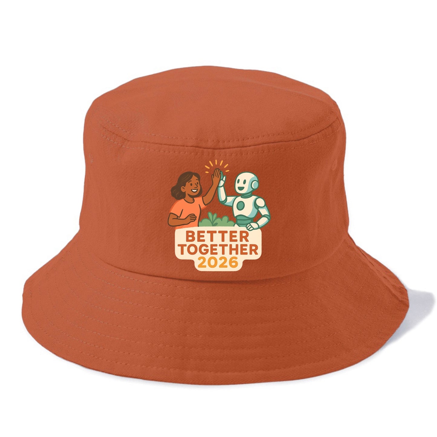 Human and AI robot high-fiving as collaborative partners - "Better Together 2026" - - Bucket Hat - Red