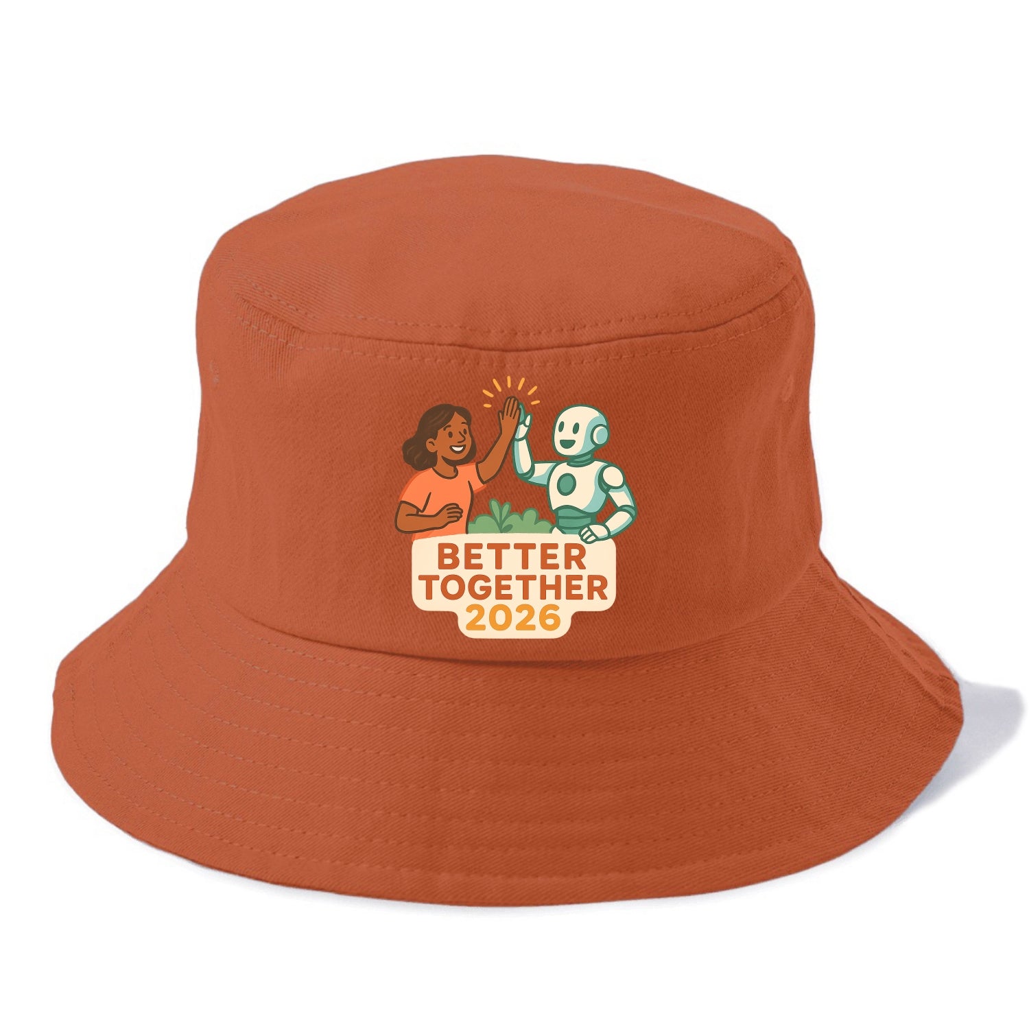 Human and AI robot high-fiving as collaborative partners - "Better Together 2026" - - Bucket Hat - Red