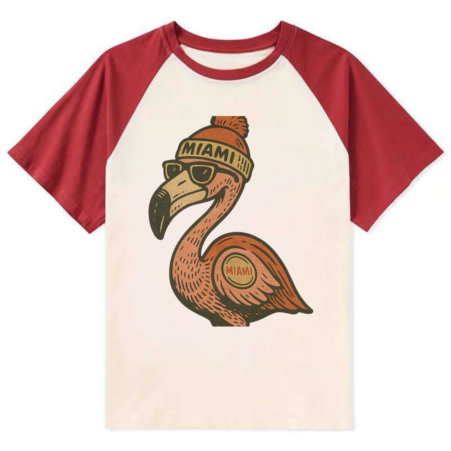 Miami Flamingo wearing Miami beanie with pom pom and wayfarer sunglasses - Contrast Raglan T-shirt - Red