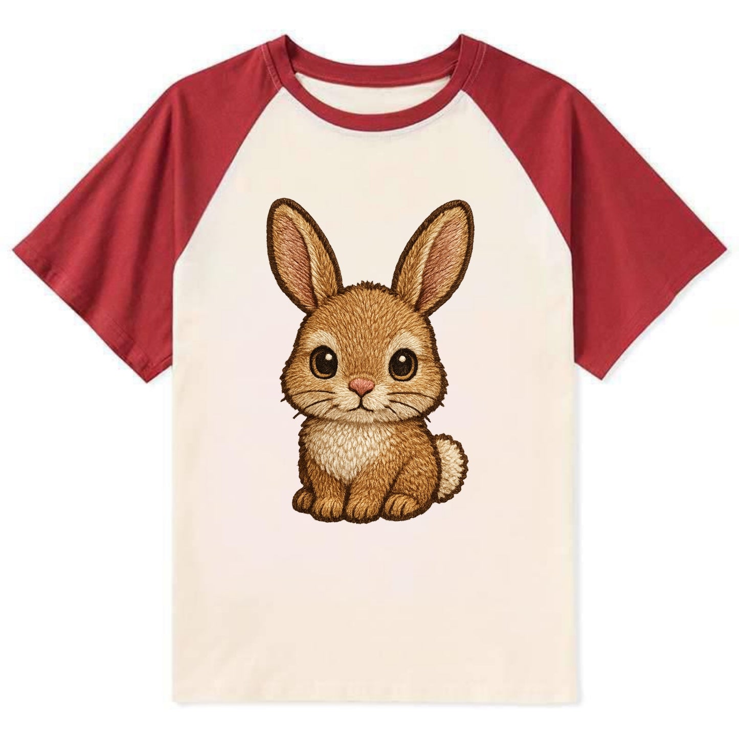 Baby Rabbit - long ears, fluffy white tail, pink nose, large brown eyes, - Contrast Raglan T-shirt - Red