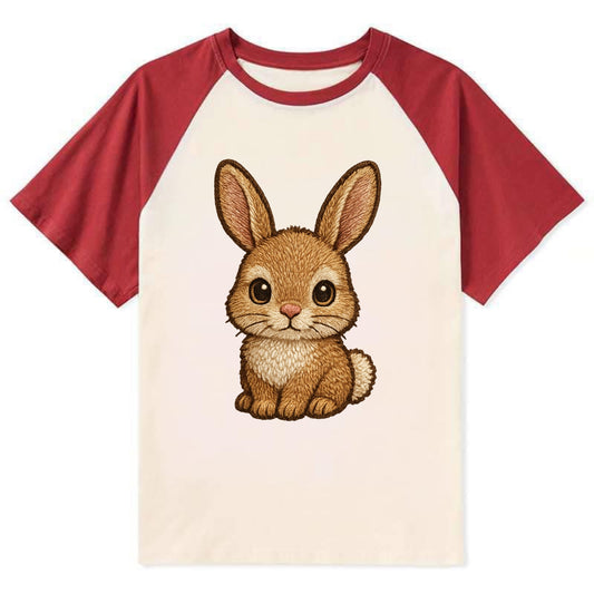 Baby Rabbit - long ears, fluffy white tail, pink nose, large brown eyes, - Contrast Raglan T-shirt - Red