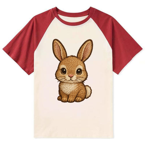Baby Rabbit - long ears, fluffy white tail, pink nose, large brown eyes, - Contrast Raglan T-shirt