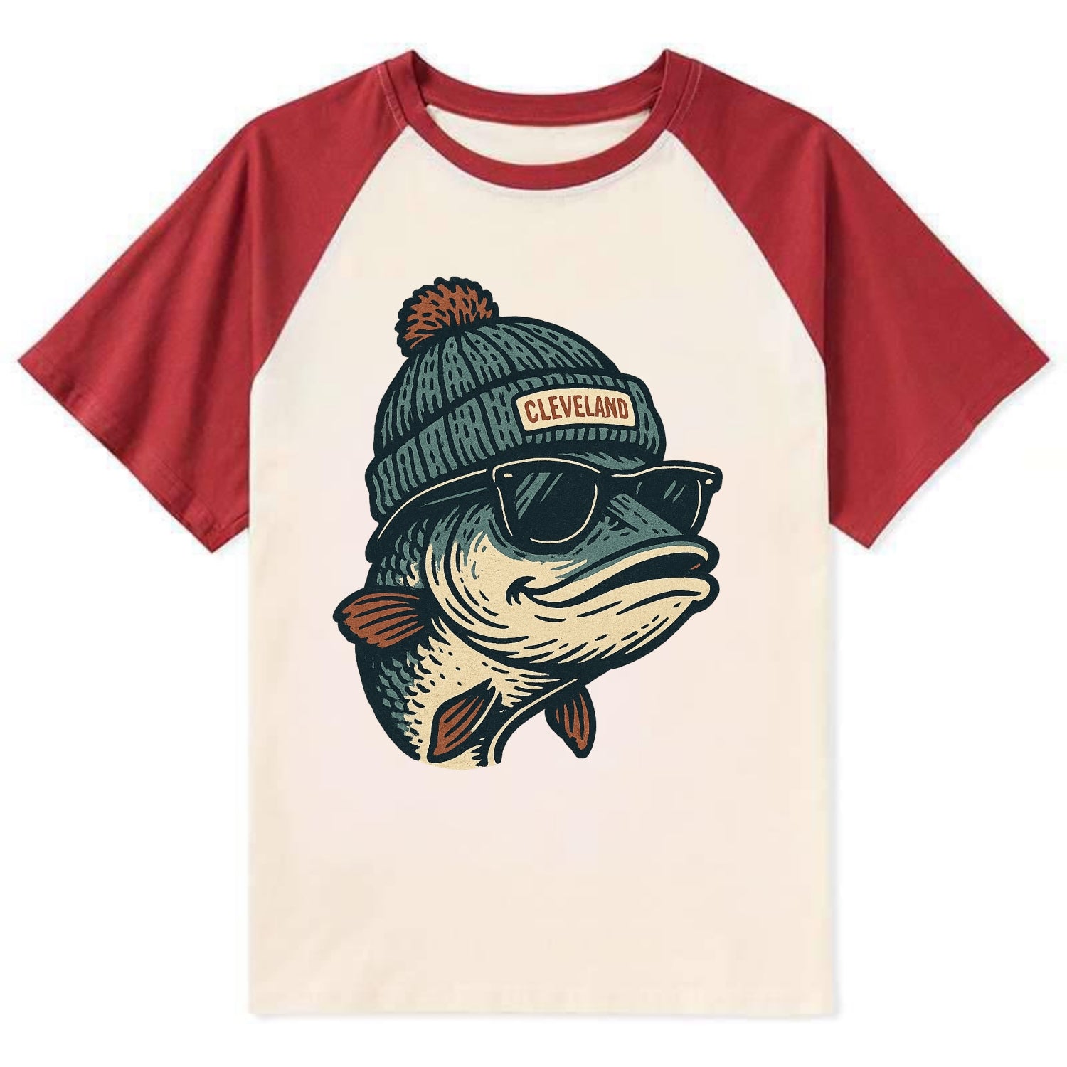 Cleveland Lake Erie Walleye wearing Cleveland beanie with pom pom and - Contrast Raglan T-shirt - Red