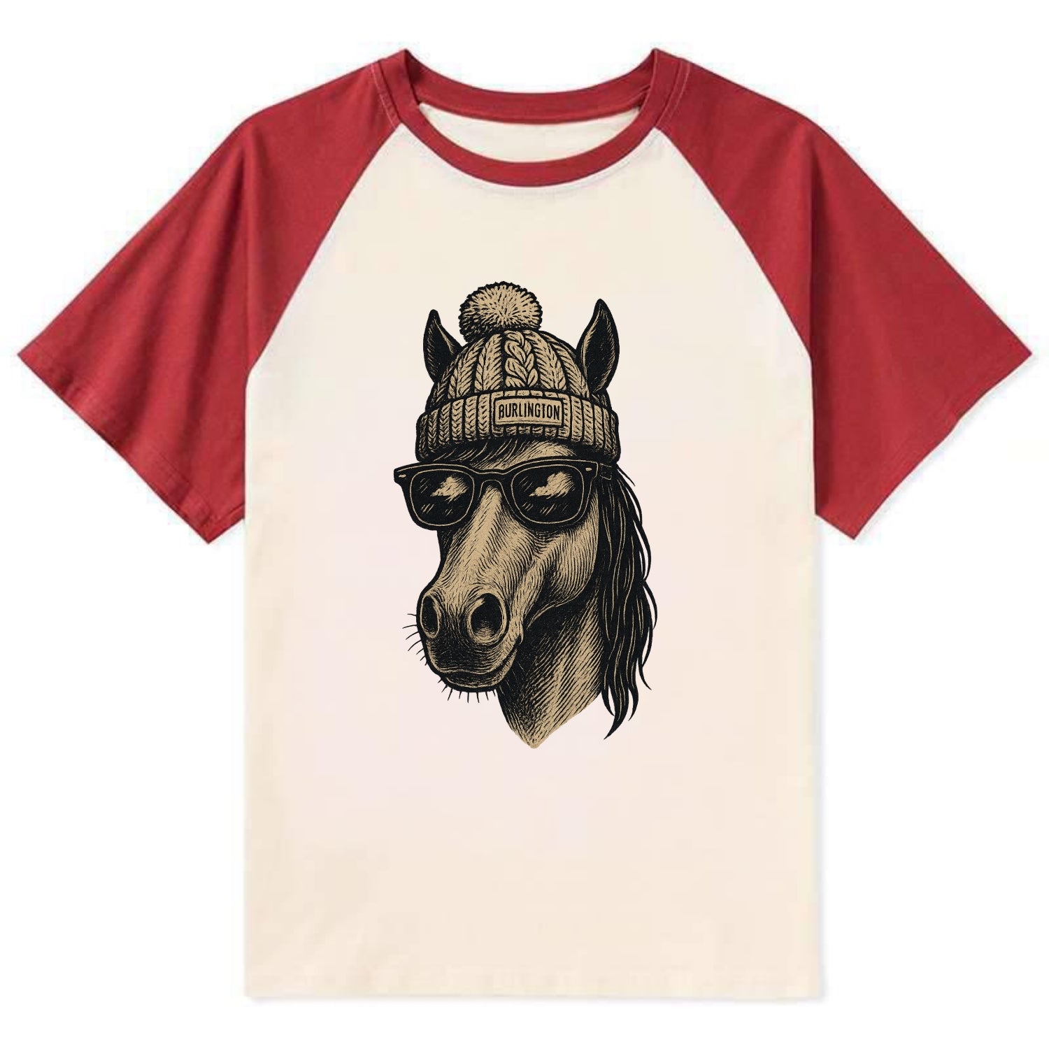 Vermont Morgan Horse wearing Burlington beanie with pom pom and wayfarer - Contrast Raglan T-shirt - Red