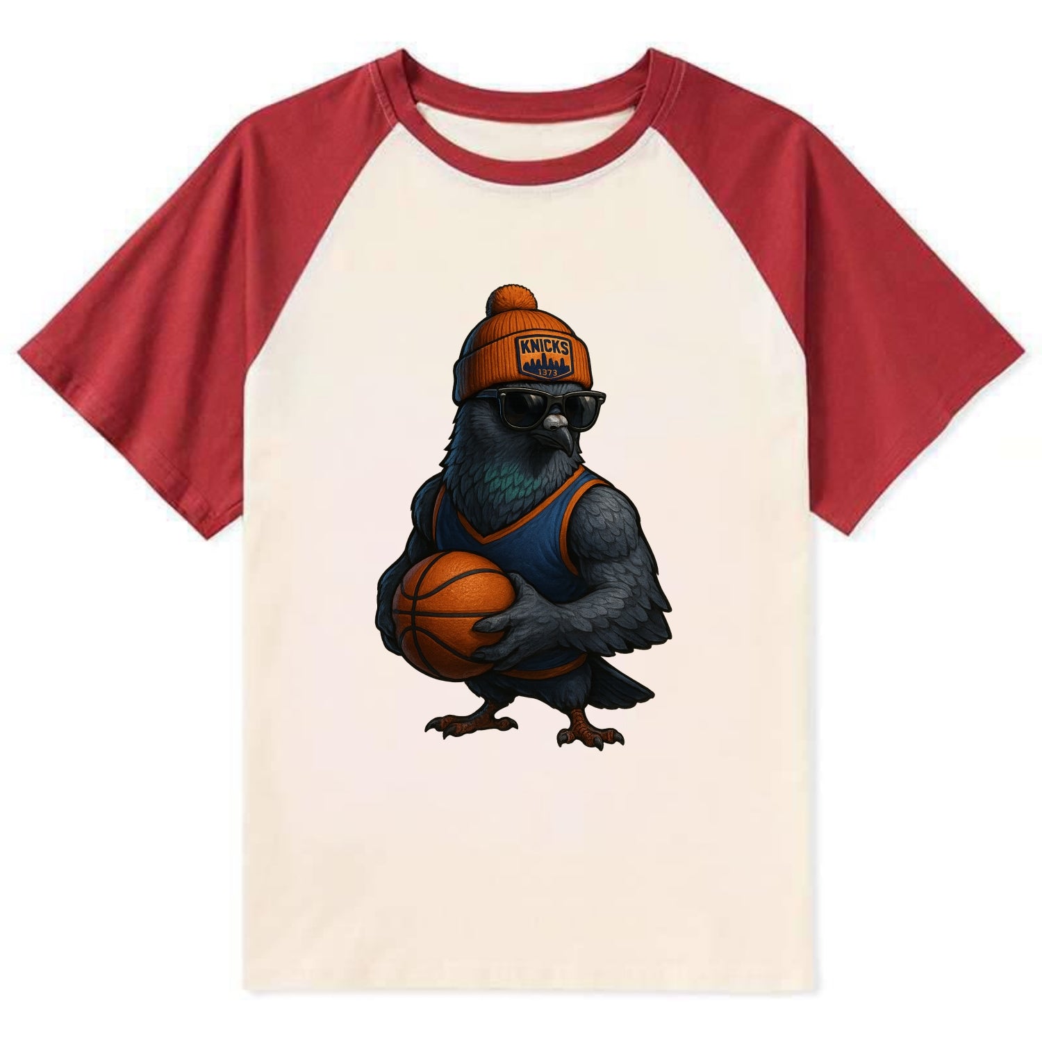Manhattan Pigeon wearing Knicks beanie with skyline patch and wayfarer - Contrast Raglan T-shirt - Red
