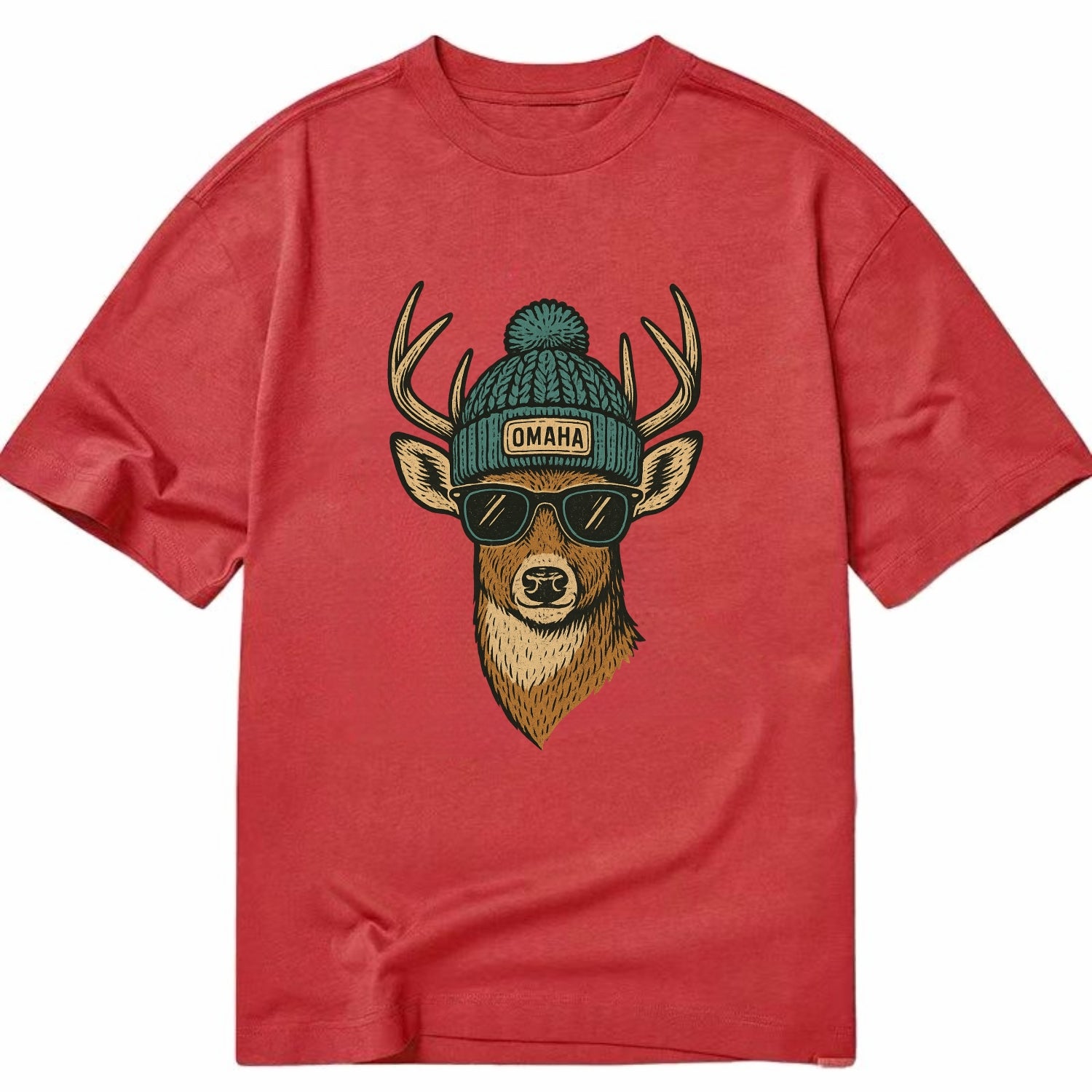 Nebraska White-tailed Deer wearing Omaha beanie with pom pom and wayfarer - Classic T-shirt - Red