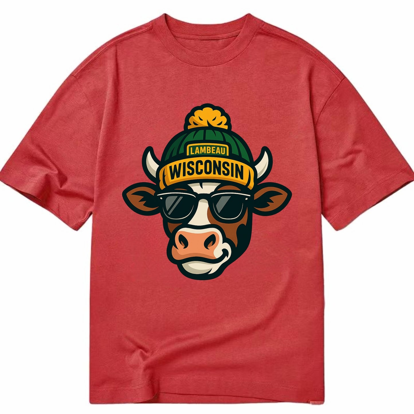 Wisconsin Cow wearing Packers beanie with Lambeau patch and wayfarer sunglasses - Classic T-shirt - Red