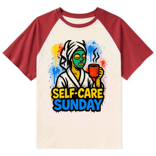 Person in bathrobe with face mask and tea - self-care Sunday ritual, - Contrast Raglan T-shirt