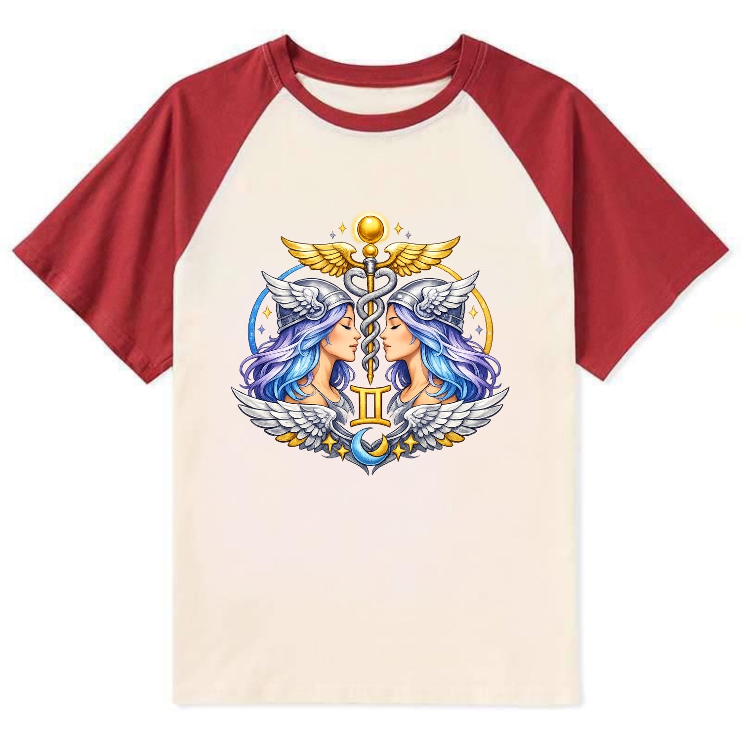 MERCURY WINGS | Winged messenger symbol | Caduceus staff | Swift - Contrast Raglan T-shirt - Red