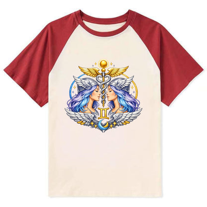 MERCURY WINGS | Winged messenger symbol | Caduceus staff | Swift - Contrast Raglan T-shirt - Red