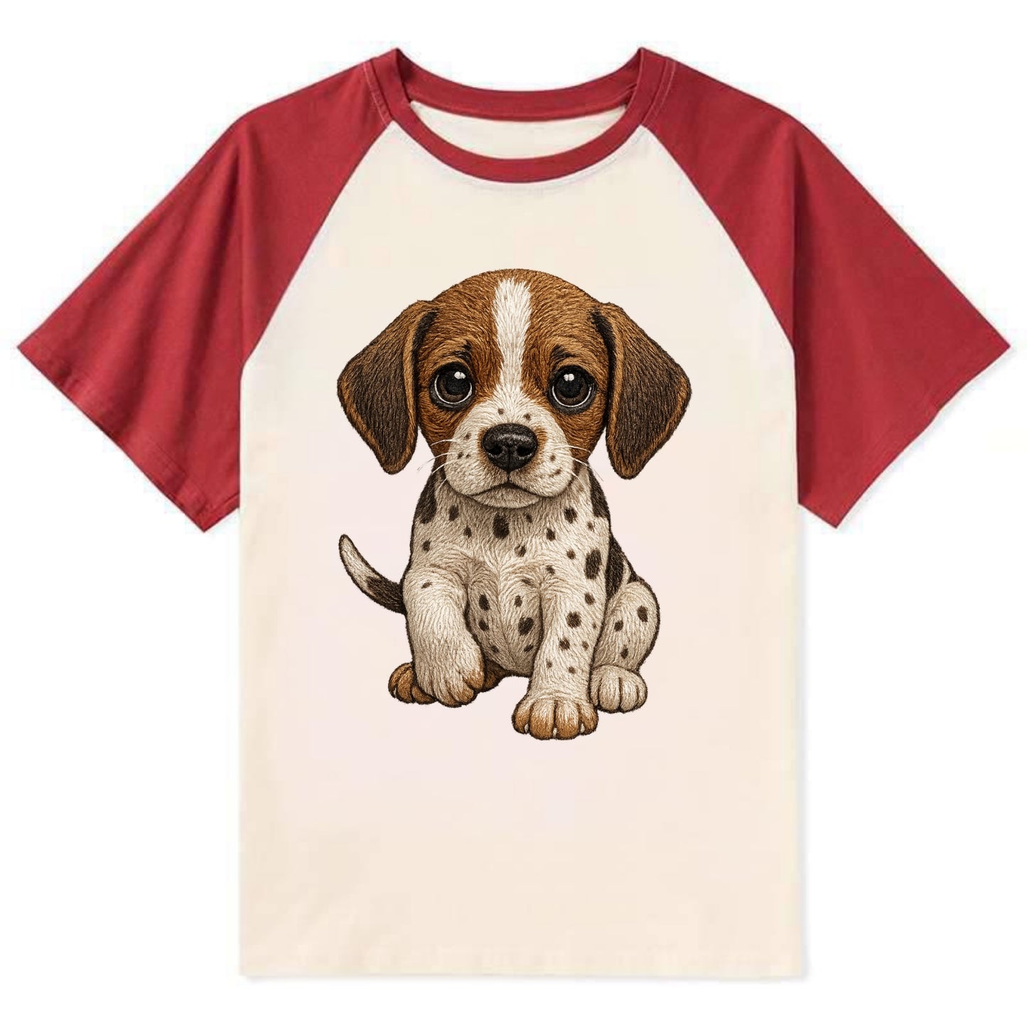 Baby Pointer Puppy - spotted coat, noble stance, alert eyes, - Contrast Raglan T-shirt - Red
