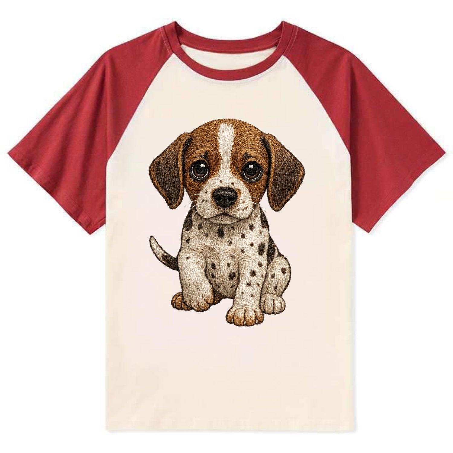 Baby Pointer Puppy - spotted coat, noble stance, alert eyes, - Contrast Raglan T-shirt - Red