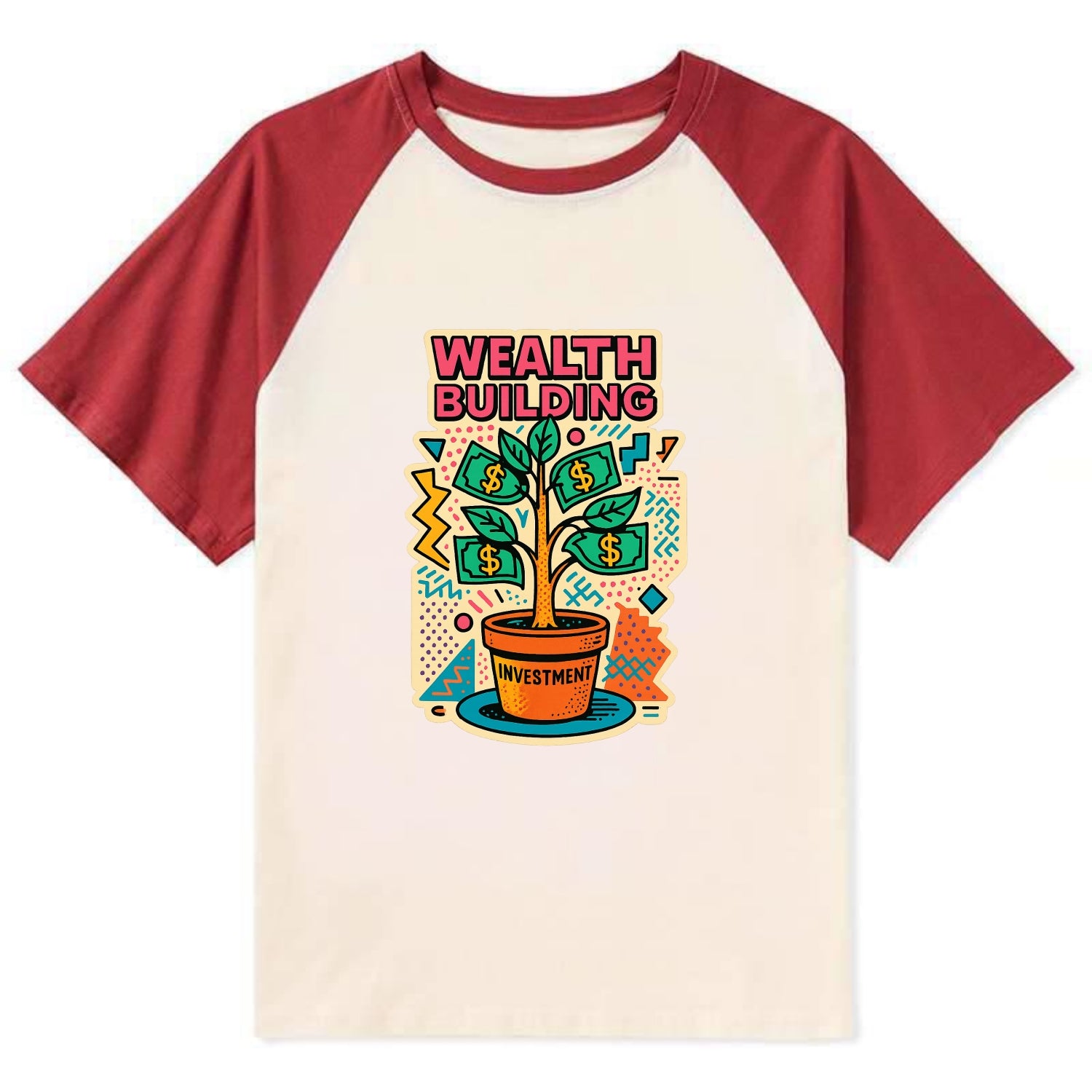 Money tree growing from investment pot - financial independence journey, - Contrast Raglan T-shirt - Red
